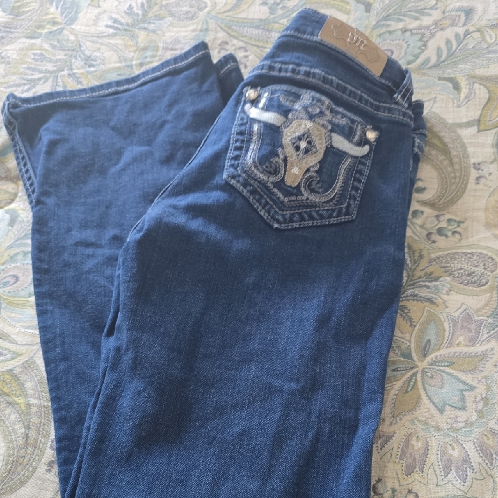 Miss Me Dark Blue Boot Cut Jeans with Silver Embellishments